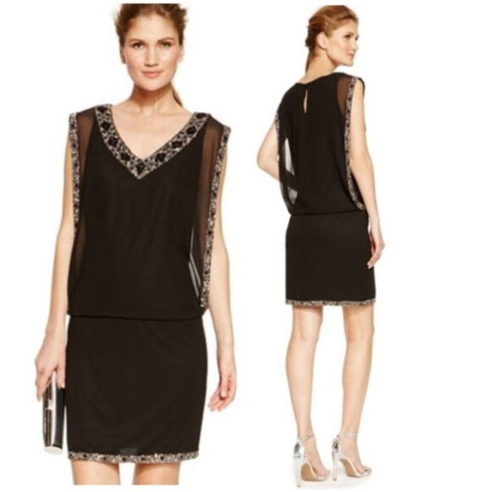 JKara Beaded Dress Black Blouson Sleeveless 12 Evening Wedding chic Cocktail